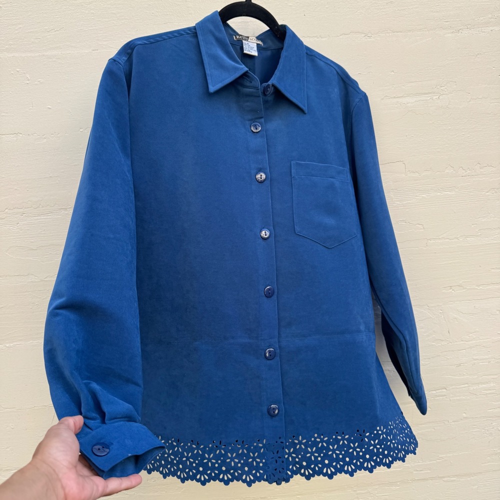 Kelly Scott Shirt M Blue Vintage Faux Suede Scalloped Laser Cut Hem Button Down